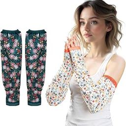 SANNIDHI® 2 Pairs Gardening Sleeves for Women Garden Sleeves Elegant Floral Farming Sleeve UV Arm Cooling Sleeves with Thumb Hole-image-28