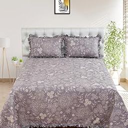 BREVARD Luxury & Premium Glace Cotton Self Designer Flower Printed Bed Cover Frill Border - 2 Pillow Covers All Season Ultrasonic Lightweight Bedspreads/Bed Cover(Queen Size - 90x100 Inches, Mauve)-image-68