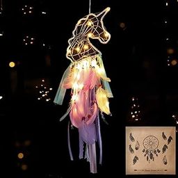 Dremisland Light Up Unicorn Dream Catcher Room Decor Gift - Purple Pink Green Feather Hanging for Party Supplies, Kid's Room, Tent (LED)-image-92