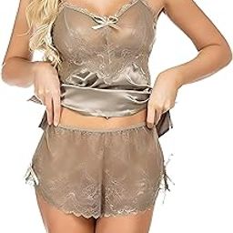 Sexy Transparent Pajama Set for Women Lace Cami and Shorts Two Piece Satin Lingerie Honeymoon Western Nightwear Dress-image-24