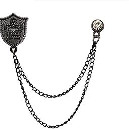 Black Shield with Crown Engraving and Black Hanging Stone Chain Lapel Pin Brooch-image-16