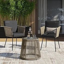 BRISHI Garden Patio Seating Chair and Table Set Outdoor Balcony Garden Coffee Table Set Furniture with 1 Table and 2 Chairs Set Braid & Rope (Grey)-16
