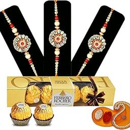 Saugat Traders Rakhi Set of 3 with Chocolate Pack for Brother - Designer Kundan Stone Rakhi with Gift for Bhaiya and Roli Chawal Chopra-image-50