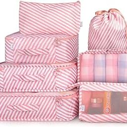 House of Quirk Fabric 7Pcs Set Travel Organizer Packing Cubes Lightweight Travel Luggage Organizers With Laundry Or Toiletry Bag (Pink Stripes), 30 cm, 12 cm-picture-43
