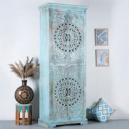 FURNWEAVE Wooden Wardrobe for Bedroom | Solid Mango Wood Almirah for Clothes Storage | Antique Cabinet with Shelves | Designer Wooden Closet Storage Furniture Long (Blue Distress)-image-73