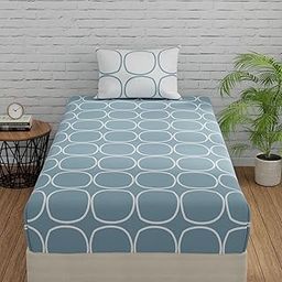 Huesland by Ahmedabad Cotton 144 TC Fitted Cotton Bedsheet Single Bed with 1 Pillow Cover | 36x78 inches, Blue & White-image-65