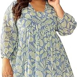 Women's Plus Size Blue Georgette Tropical Printed A-line Tunic-image-25