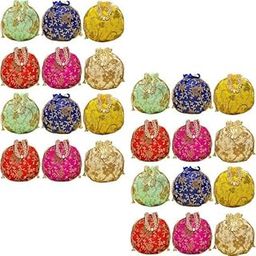 at Traders Embroidered Leaf Floral Design with Small Moti Handle Potli Batwa Bag Bridal Purse Women Handbag Shagun Pouch Return Gifts Beads Handle (Pack of 24)-29