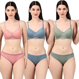 Set of 3 Women's Cotton Floral Print Padded Bra & Panty Set | Sexy Lingerie Set for Bridal | Honeymoon Bikini Set for Girls & Women - Adjustable Straps (A)-picture-14