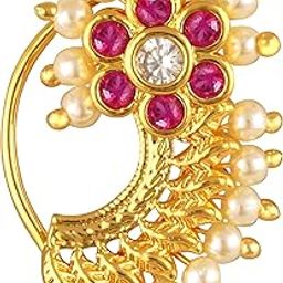 Vighnaharta Golden Moti Pearls Nath Nathiya nose pin Gold Plated Alloy two Nose Ring for woment[VFJ1240NTH-Press]-16