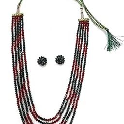 Ratanshala - Semi Precious Gemstone Green/Red Crystal Beads 5 Layer Necklace with Stud Earring Multi Strand Multi Colour 16" Mala for Girl and Women Fashion Jewellery-image-43