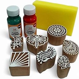 Kraftwala Block Printing Kit | Fabric Colours (Red & Green Each 30 ml) | 7 Wooden Printing Blocks | Sponge (Pack of 10)-1