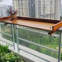 Sheesham Wood Balcony Railing Table - Wooden Hanging Table for Work Space for Garden - Folding Study and Coffee Table for Balcony Table (Honey Finish)-1