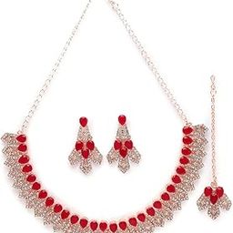 Admirable Fashionable AD Red Stones Collar Bone Necklace Set With Earring And Maangtika | Jewellery Set For Women (NS105675)-image-81