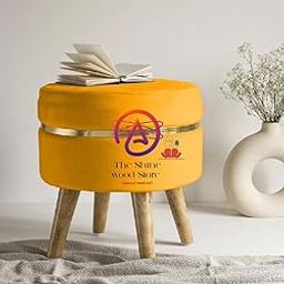 The Shine Wood Store Ottoman Storage Stool, Velvet Upholstered Footrest with Wooden Legs, Grey (Yellow)-image-6