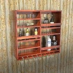 Wooden Wall Mounted Wine Rack, Bar Cabinet with Glass Storage, Wall Hanging Mini Bar for Home Wine Rack/Glass Hanging Organizer Size 38x 34Inch (sheesham Wood) Mahogany-10