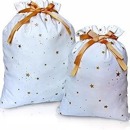 Gather & Knot Drawstring Christmas Gift Bags | 20" Large 16" Medium | Premium Canvas | Reusable Fabric Wrap for Holidays | Mix & Match | Gold Stars-image-30