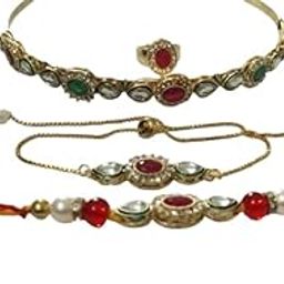 Traditional Kundan Pearl Flower Necklace Set with Red Beads, Gold-Toned-image-92