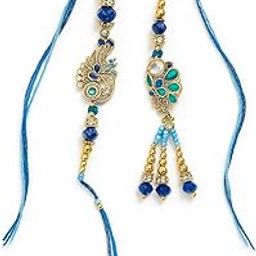 Traditional Rakhi Set with Blue Beaded golden tones, Decorative Charm, Roli Chawal Chandan Religious Festival Accessories-image-80