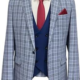 Men's 3-Piece Suit,Regular Size Light Blue Check Blazer, Navy Double-Breasted Waistcoat, Regular Fit-image-9