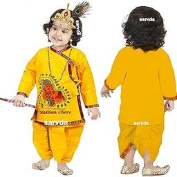 Sarvda Shree Krishna Dress for Baby Boy & Radha Dress for Girls | Janamashtami Dress | Fancy Dress Costume with Accessories Dhoti, Dupatta, Mukut Flute Complete set, Ethnic wear-image-78