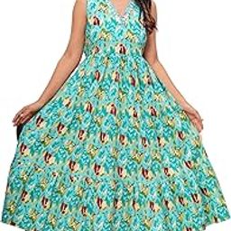 Women Flower Print Anarkali Maxi Gown Dress for Casual one Pics Western Sleeveless V Neck Viscose Rayon, Below Knee Length Nighty.-image-3