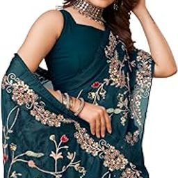 Women soft Silk Teal Blue Embroidery Work Saree with blouse piece(6093)-image-3