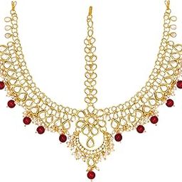 Gold Plated Kundan Pearl Maang Tikka Matha Patti Jewellery for Women Girls-image-44