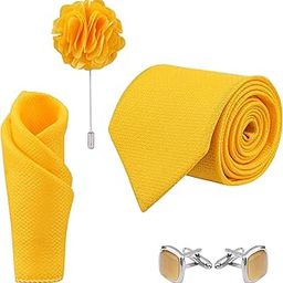 Men's Yellow Color Criss Cross Design MicroPoly Formal Necktie Tie With Pocket Square,Lapel Pin,Cufflinks, Solid Color Tie with Silky Feel (Leatharite Gift Box) (Pack of 4)-image-24
