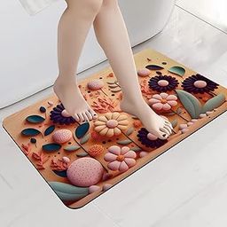 SITTELLA Rubber 1 Piece Anti-Skid Water Soaking 3D Flower Print Bathroom Mat, Water Absorbent Mat (40x60cm) (Orange Flower Print) Rectangular-12