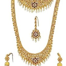 Gold Plated 1 Long Necklace Set, 1 Choker Necklace Set, 1 Pair of Earrings, 1 Maang Tikka, 1 KamarbandNecklace Set for Women & Girls-96-36
