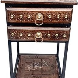 RRA Mango Wood Wrought Iron Bedside Table/end Table/Sofa Side Table/Night Stand with Double Drawers for Bedroom and Living Room Stylish Decor Standard Size (28 x 28 x 52) cm (Large, Design4)-29
