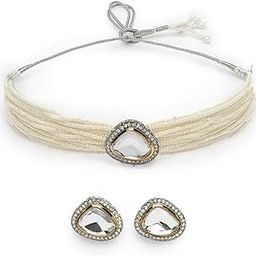 Bewitching Gold Plated Multistrand Pearls & Crystals Stones Studded White Choker Necklace Set with Studs Earrings Jewellery Set For Women & Girls|Set of 1|NS106098-image-68