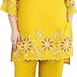 Mustard Roman Silk Embroidered Co-Ord Set for Women | Set for Women | Soft & Comfortable Fabric - Kurti, Pant-image-24