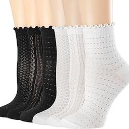 Women's Ruffle Socks Mesh Casual Lace Cotton Crew Socks Summer Ultra Thin Cool Frilly Ankle Socks for Women, 6 Pairs(3black+3white)-2, 5-9, 6 Pairs(3black+3white)-2, 5-9-image-88