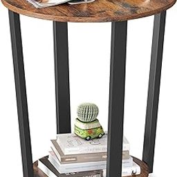 VASAGLE Industrial End Table, Metal Side Table, Round Sofa Table with Storage Rack, Stable and Sturdy Construction, Easy Assembly, Wood Look Accent Furniture with Metal Frame ULET57X-10