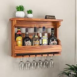 Elavra Solid Sheesham Wood Jaddy Wall Hanging Mounted Wine Rack Wooden with Glass Holder,Wood Wine Glass Rack Wine Storage Rack & Glass Holder for Home Decor Kitchen Bar Cabinets Natural Finish-image-89