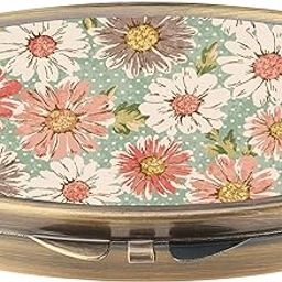 Dynippy Pill Case Pill Box with Mirror Retro Pocket 2 Compartment Medicine Case Vitamin Pill Organizer for Pocket Purse and Travel Gifts - Retro Flower-image-67