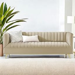 REEBON FURNITURE ART - Modern Velvet Sofa, 3-Seater Chesterfield Lining Tufted Design in Flat Arm Modern Styles with Golden Metal Legs Sofa for Living Room, Bedroom, Hallways (Beige)-image-69