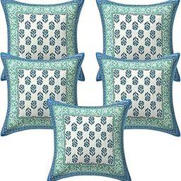 TENFIT Block Print Cotton Cushion Covers Set of 5 | 100% Pure Cotton | 16x16 Inch Geometric Floral Prints Decorative Throw Pillow Covers for Sofa, Bedroom, Living Room (Teal)-image-73