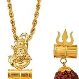 Religious Lord Shiv Shankar Shiv Ling Mahadev Mahakal Trishul Damaru Rudraksha Bead Locket Gold Brown Brass,Wood Pendant Rope Chain NecklaceFor Men and Women-picture-14