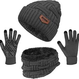 3-Pieces Winter Beanie Hat Scarf and Touch Screen Gloves Set Warm Knit Skull Cap Gifts for Men Women,Gray-image-56