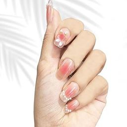 Secret Lives Glossy Reusable Artificial Pink Color with 3D Pearls Silver Glitter & Flower Design Fake False Press on Nails 24 pieces Set with Kit-3