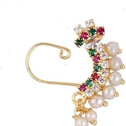 Plus Latest Gold Plated with Pearl Alloy and Artificial stone Non Piercing Clip On Press Maharashtrian Nath for women.-picture-45