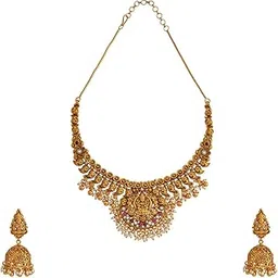 kushal's Fashion Jewellery Ruby Gold Polished Antique Short Necklace With Adjustable Chainbest for Bridesmaids | Necklace set for women - 436519-picture-14
