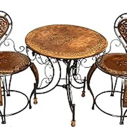 Wood & Wrought Iron Patio Furniture Set Garden & Outdoor/Indoor Furniture (Set of 3, Brown, Black)-5