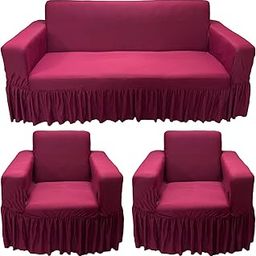 Gifts Island® Sofa Cover 5 Seater Fully Covered Universal Polycotton Spandex Sofa Cover with 360° Frill Non-Slip Sticky Elastic Stretchable Sofa Set Slipcover for (3+1+1 Seater) (Maroon)-image-131