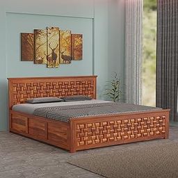 INDOPALAZA Solid Sheesham Wood Niwar Design King Size Bed with Storage | Wooden Storage Double Bed | Profile Cot Bed for Bedroom Furniture Palang | (Honey Finish)-image-94