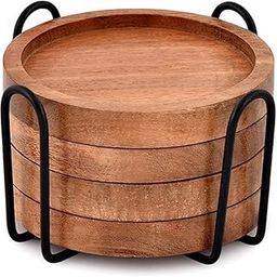 Wooden Coasters for Drink Natural Wood Drink Round Plate with Iron Stand Coaster Set of 4, Handmade Coaster for Dining & Coffee Table Decor, Home & Kitchen for Glasses, Cups Tabletop, 4 Inch,Browm-image-22