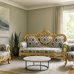 UNIQUE WOOD ART Victorian Style Teak Wood Baroque Elegance Sofa Set, RegalGold 3-Piece Royal Luxury Maharaja Sofa Set – Handcrafted Gold Ornate Carved Design Jacquard Upholstery for Living Room-image-21